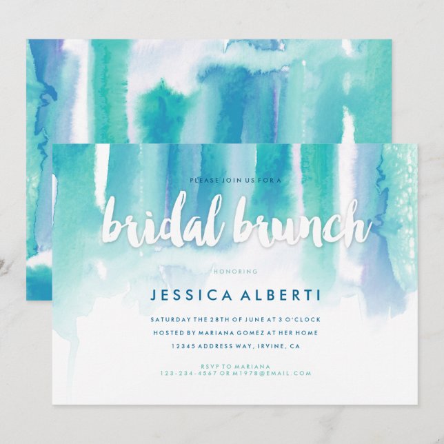 Teal Blue Watercolor Wash Bridal Brunch Invitation (Front/Back)
