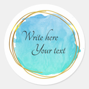 Teal Blue Watercolour Circle Gold Elegant Classic  Round Sticker