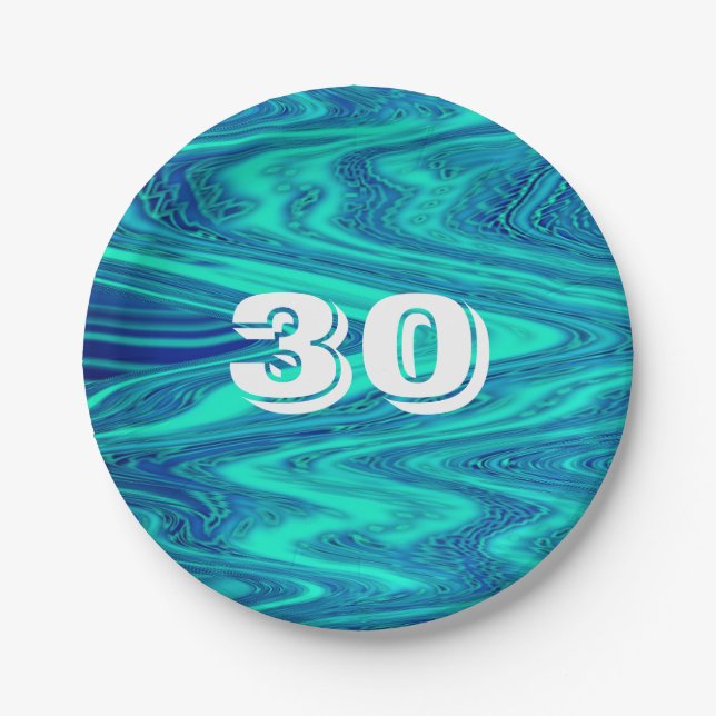 Teal Blue Waves Abstract 30th Birthday Custom Age Paper Plate (Front)