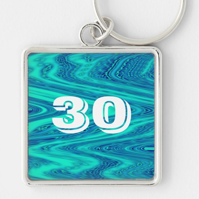 Teal Blue Waves Abstract 30th Birthday Gift Large Key Ring (Front)