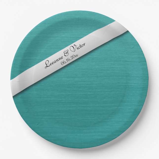 Teal Blue Wedding Bells Personalised Paper Plate (Front)