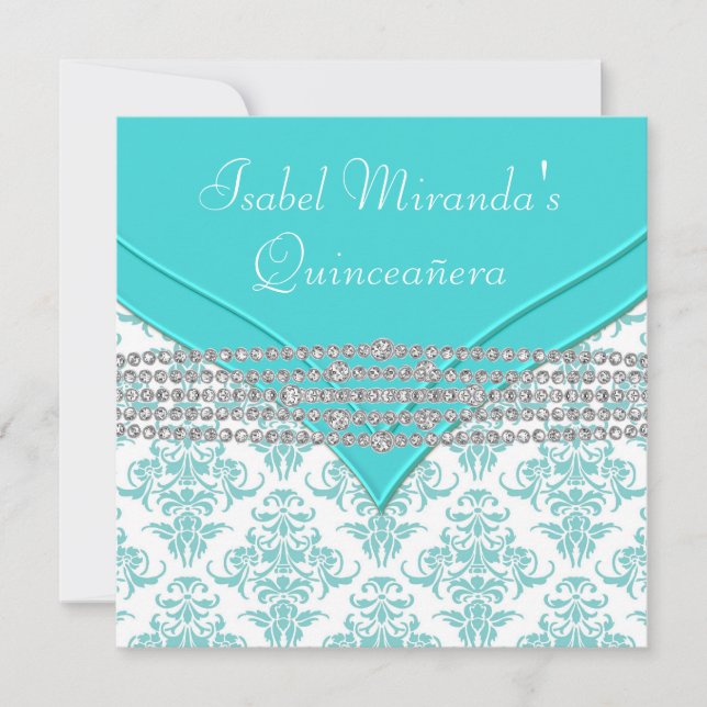 Teal Blue White Damask Diamond Quinceanera Invitation (Front)