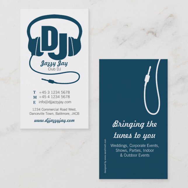 teal blue & white DJ promoter business card (Front/Back)