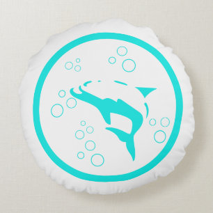 Teal blue white DOLPHIN  bubbles nautical Round Cushion