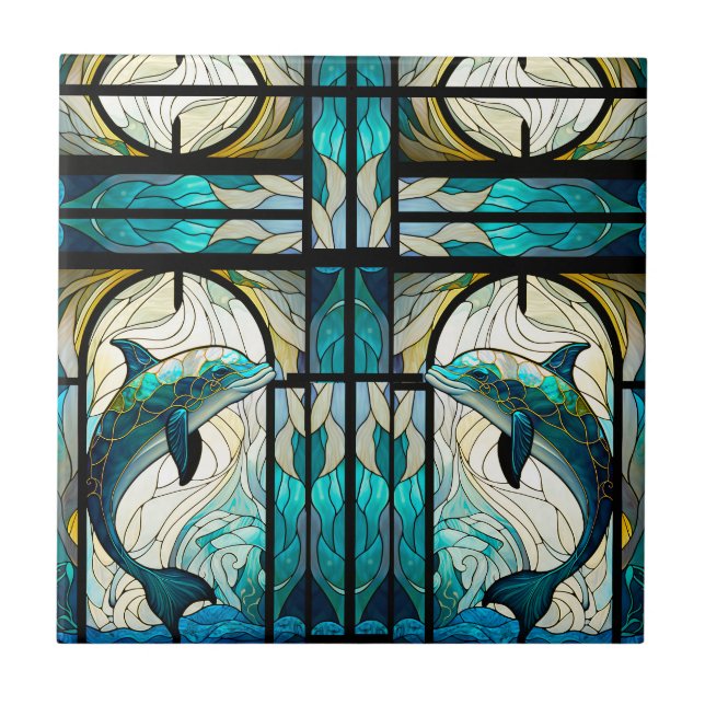 Teal Blue White Dolphin Faux Mosaic Stained Glass Tile (Front)