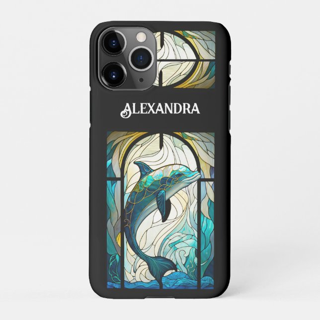 Teal Blue White Dolphin Look of Stained Glass iPhone Case (Back)