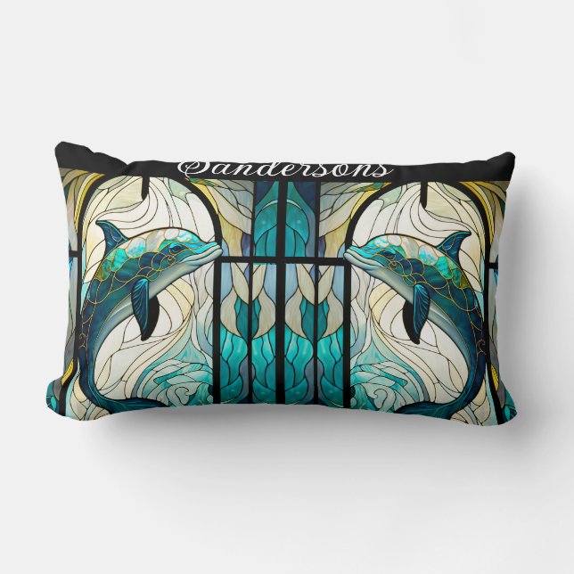 Teal Blue White Dolphin Look of Stained Glass Lumbar Cushion (Front)