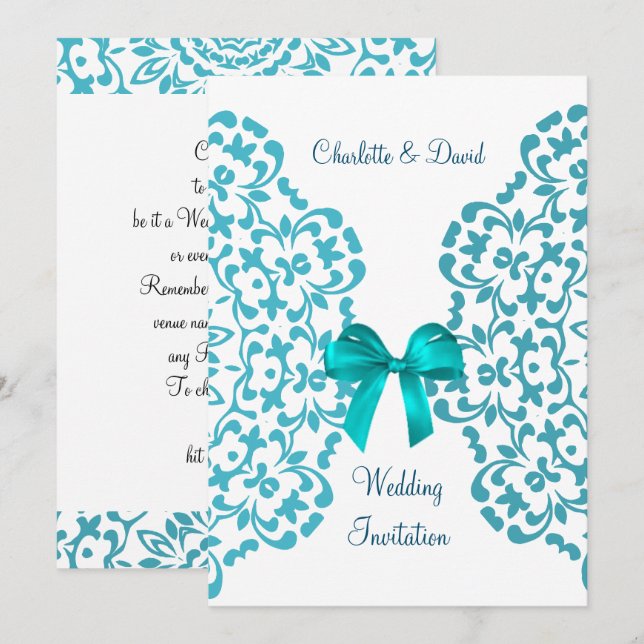 Teal Blue White Elegant Classy Lace Wedding Invitation (Front/Back)