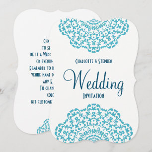 Teal Blue White Elegant Classy Lace Wedding Invitation