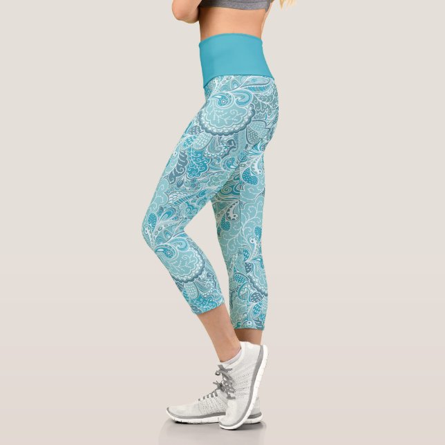 Teal Blue White Elegant Paisley Pattern Capri Leggings (Left)