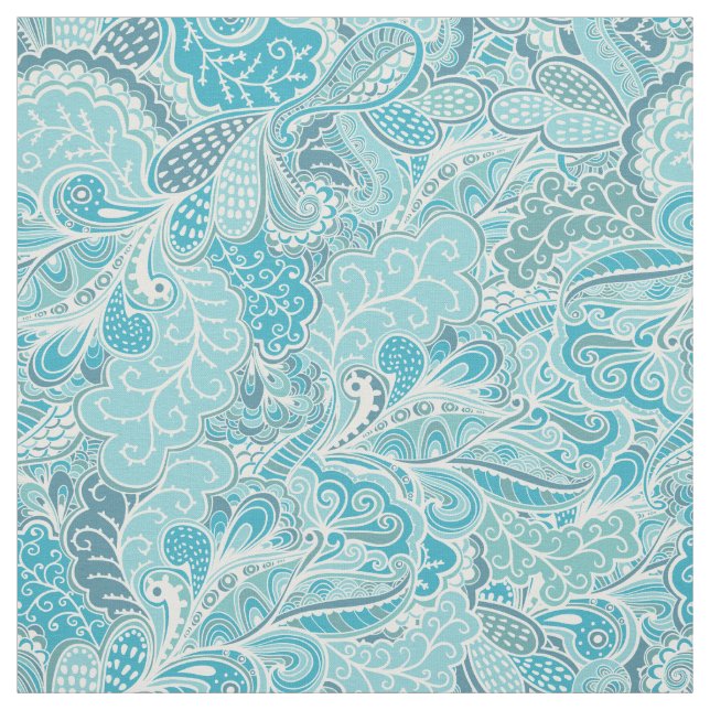 Teal Blue White Elegant Paisley Pattern Fabric (Swatch)