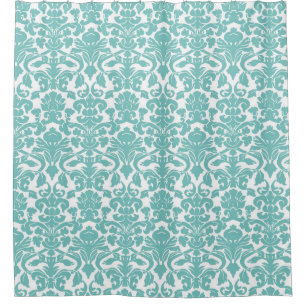 Teal Blue White Floral Damask Shower Curtain