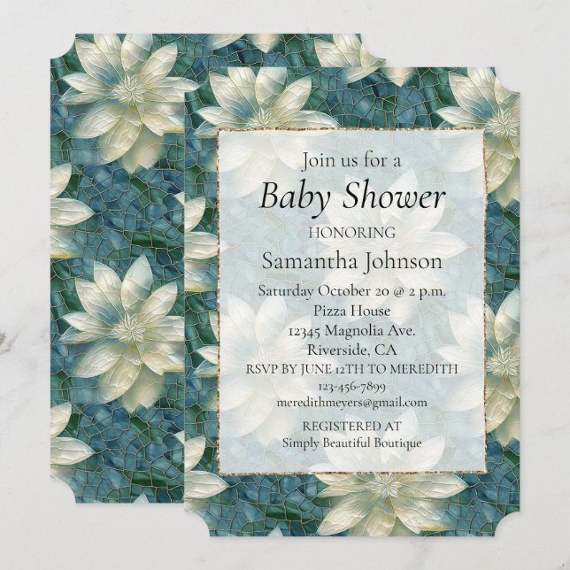 Teal Blue White Floral Invitation (Front/Back)