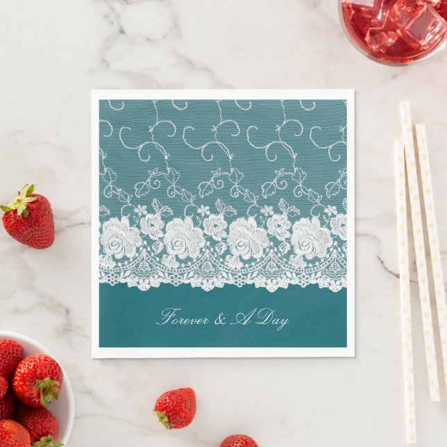 Teal Blue White Floral Lace Wedding Napkin (Insitu)