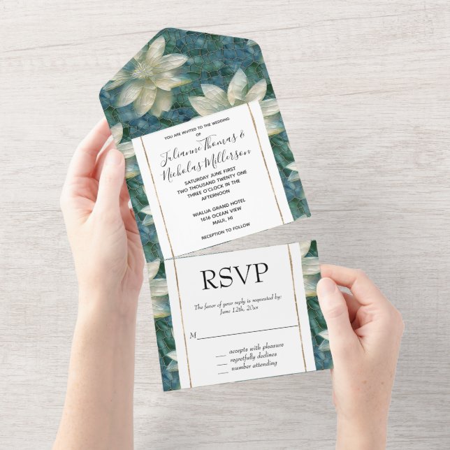 Teal Blue White Floral Wedding All In One Invitation (Tearaway)