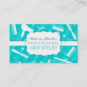 Teal Blue & White Hair Salon Tools Business Card
