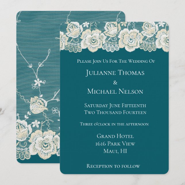 Teal Blue White Lace Floral Romantic Wedding Invitation (Front/Back)