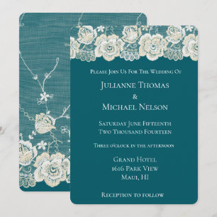 Teal Blue White Lace Floral Romantic Wedding Invitation