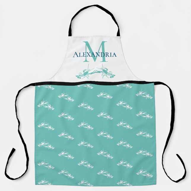 Teal Blue White Monogram Name Lobster Pattern  Apron (Front)