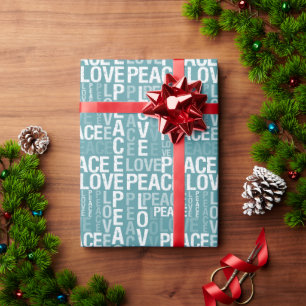 Teal Blue White Peace Love   Wrapping Paper