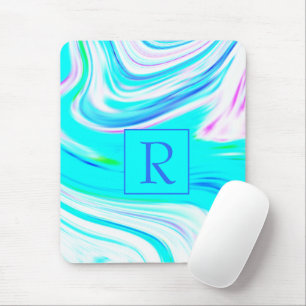 Teal Blue White Pink Waves Abstract Monograms Mouse Mat