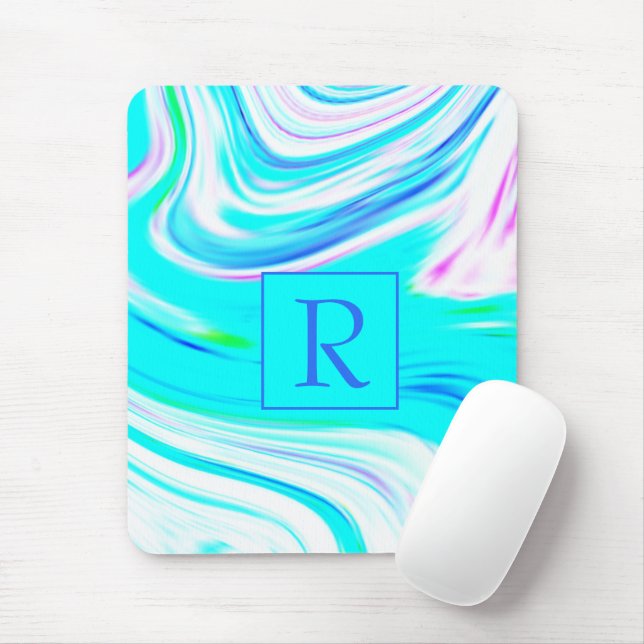 Teal Blue White Pink Waves Abstract Monograms Mouse Mat (With Mouse)
