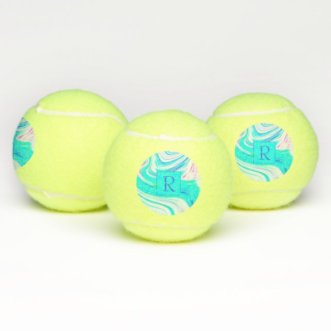 Teal Blue White Pink Waves Abstract Monograms Tennis Balls (Multi)