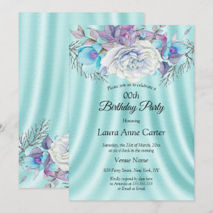Teal Blue White Purple Floral Birthday Party Invitation