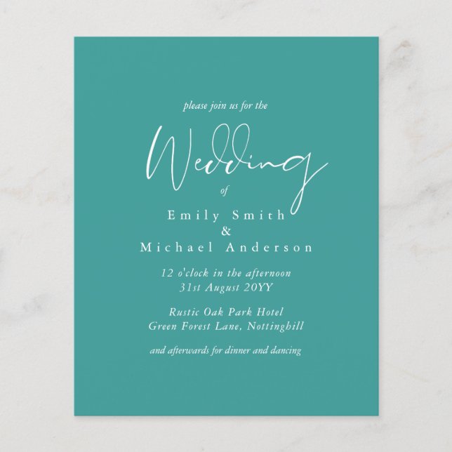 Teal Blue White Script  Budget Wedding (Front)