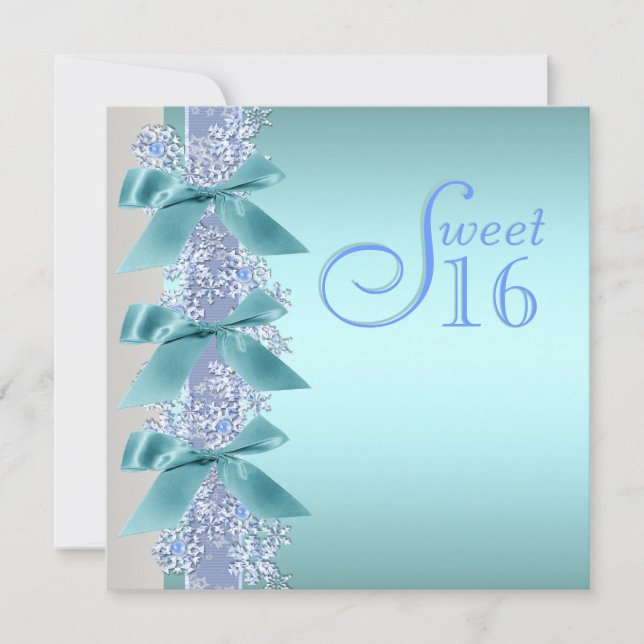 Teal Blue White Snowflake Sweet Sixteen Birthday Invitation (Front)