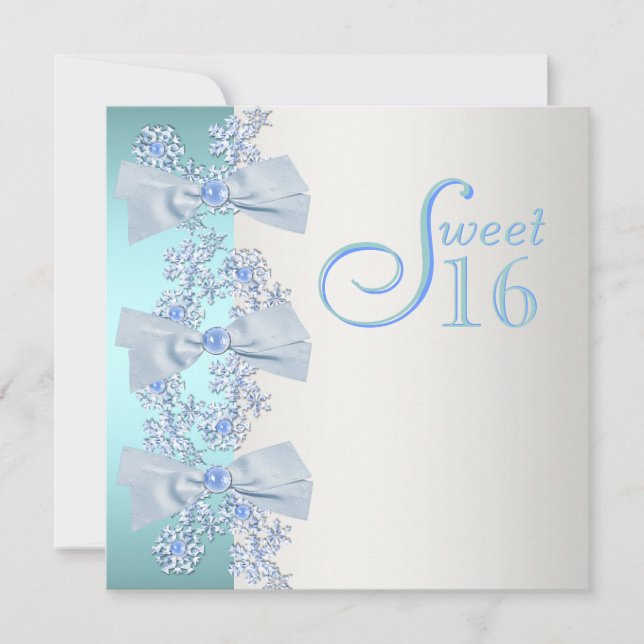 Teal Blue White Snowflake Sweet Sixteen Birthday Invitation (Front)