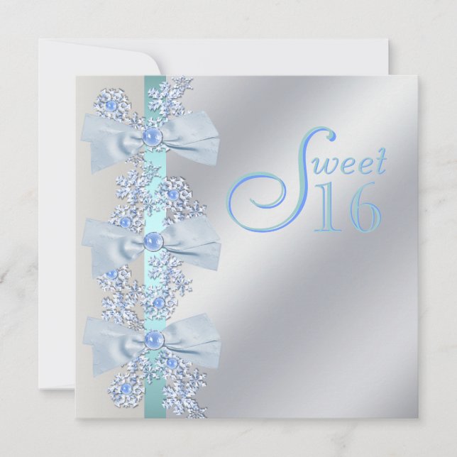 Teal Blue White Snowflake Sweet Sixteen Birthday Invitation (Front)
