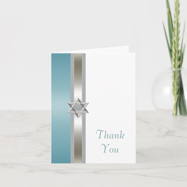 Teal Blue White Star of David Thank You Card (Front)