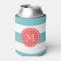 Teal Blue White Stripes Pattern, Coral Monogram