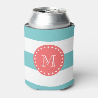 Teal Blue White Stripes Pattern, Coral Monogram Can Cooler