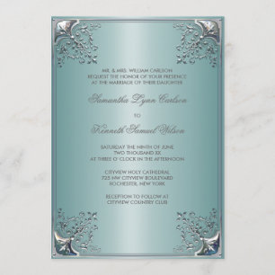 Teal Blue White Wedding Invitations