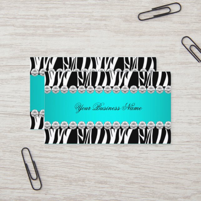 Teal Blue Wild Zebra Black Diamond Look Image Business Card (Front/Back In Situ)