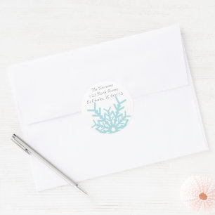 Teal Blue Winter Snowflake on White Return Address Classic Round Sticker