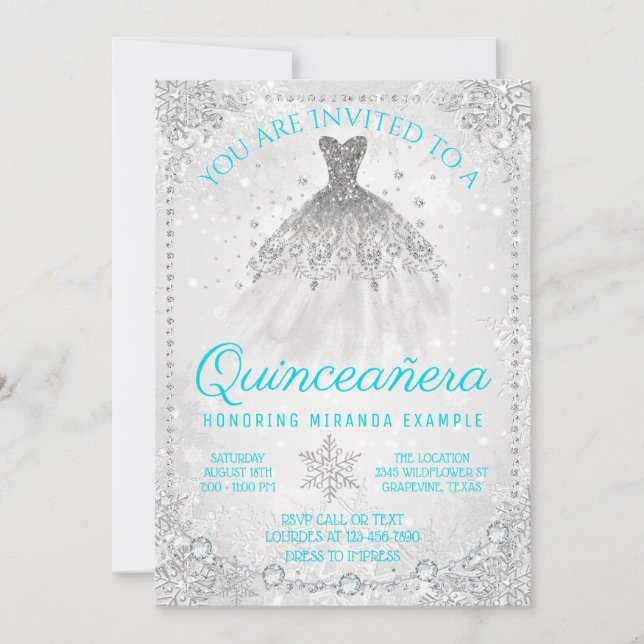 Teal Blue Winter Wonderland Quinceanera Invitation (Front)
