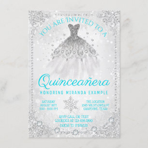 Teal Blue Winter Wonderland Snowflake Quinceanera Invitation
