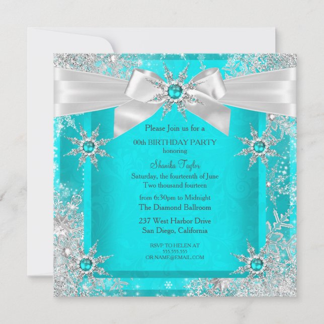Teal Blue Winter Wonderland Snowflake Silver Bow 2 Invitation (Front)