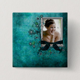 Teal blue with flowers photo template 15 cm square badge