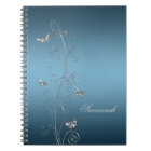Teal Blue With Silver Floral Butterflies Notebooks