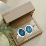 Teal Blue with White Stylised Monogram Cufflinks<br><div class="desc">A pair of sterling silver plated, round cufflinks for the fashionable man to match his outfit that feature a trendy, teal blue colour along with his name printed in white, upper case letters and superimposed with white, stylised initials. Personalise your cufflinks by editing and replacing name and initials as desired....</div>