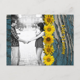 Teal Blue Wood Look Sunflower Photo Save the Date Announcement Postcard