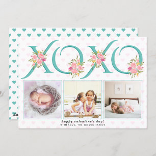 Teal blue XOXO Pink roses photo Valentines Day Holiday Card