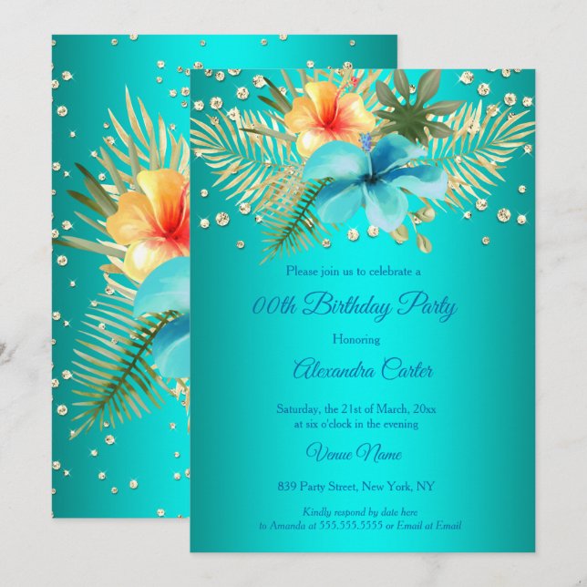 Teal blue Yellow gold palms floral Birthday Invitation (Front/Back)