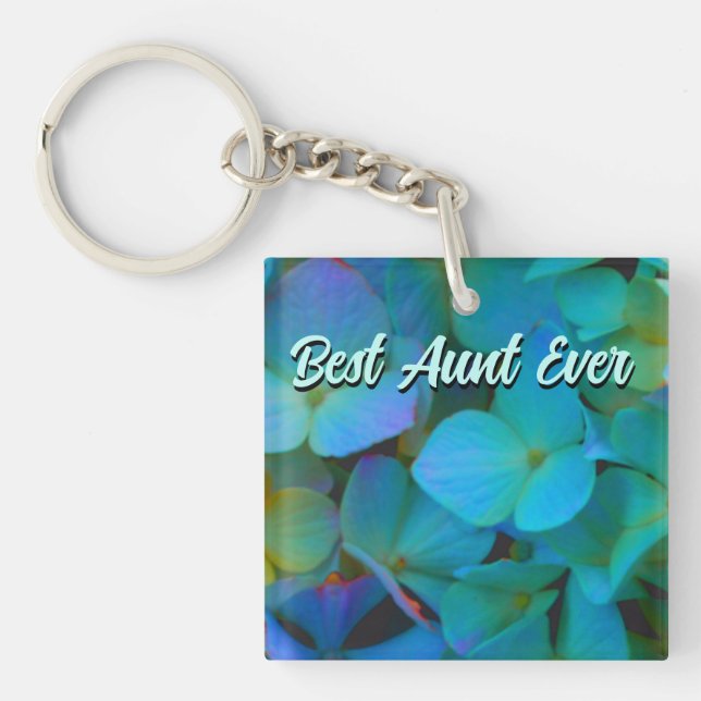 Teal blue yellow pink hydrangeas flowers best aunt key ring (Front)