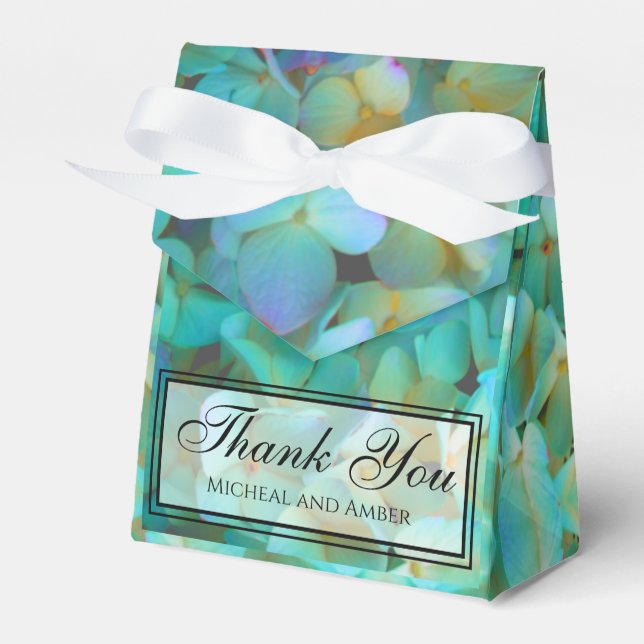Teal blue yellow pink hydrangeas flowers favour box (Front Side)
