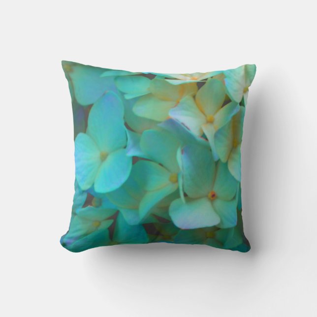 Teal blue yellow pink hydrangeas flowers floral cushion (Front)
